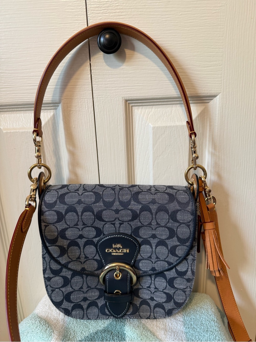 Coach Kleo Navy Signature Canvas Crossbody with Tan Leather Strap